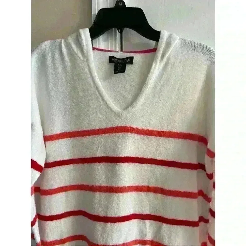 Rachel Zoe White Red Striped Hooded V‎ Neck Pullover Sweater Small